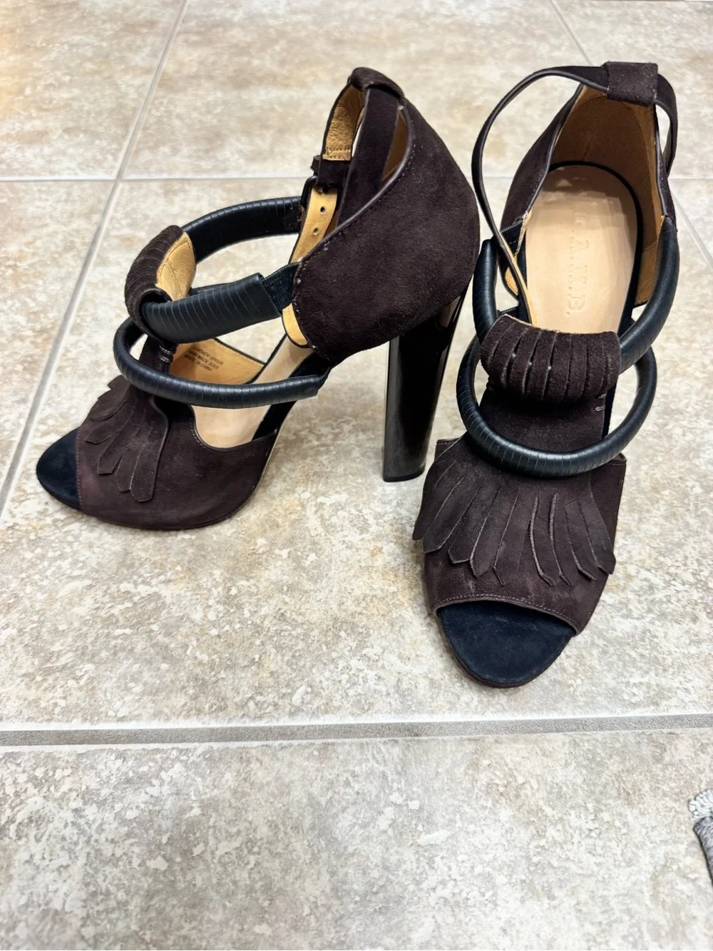 L.A.M.B. Black Brown Suede Fringe Platform Heel Sandals